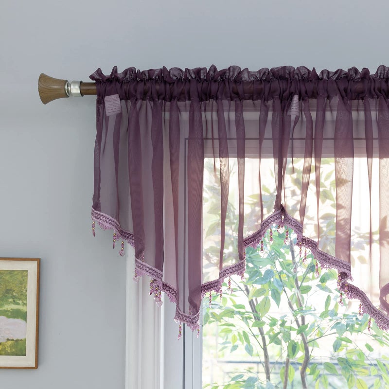 PearAge Beaded Sheer Valance Curtains for Living Room Rod Pocket Farmhouse Window Valance  Bead Trim Tassel Voile Sheer Curtain Valance for Bedroom Bathroom Cafe 51x24 Inches (Dark Purple) 1PC - Image 1